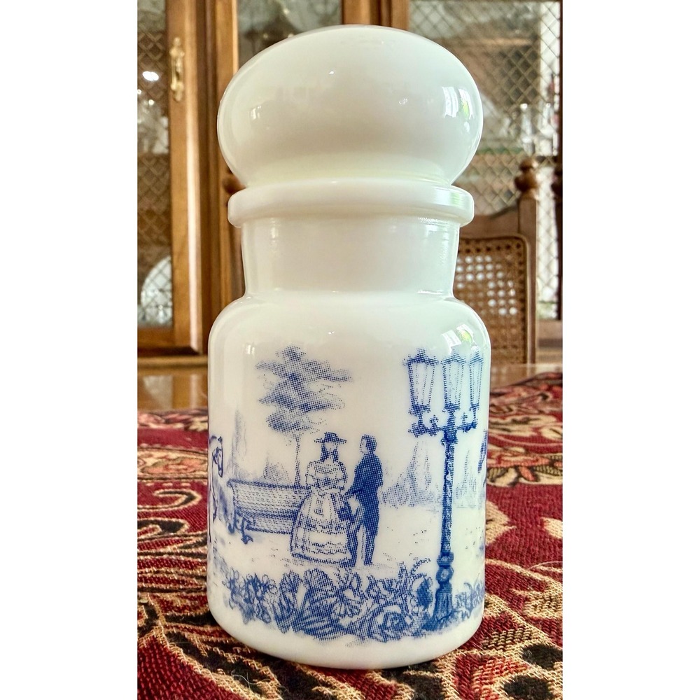 Belgian Milk Glass Apothecary Jar – Blue Toile Victorian Park Scene Lid
